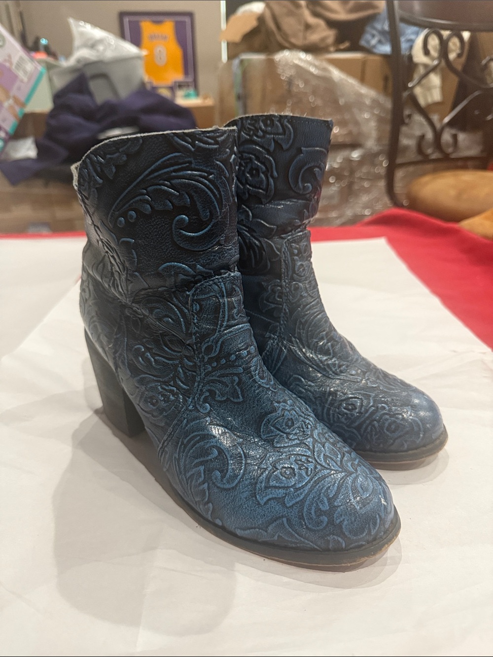 Women's Embossed Navy Blue Ankle Booties with Block Heel